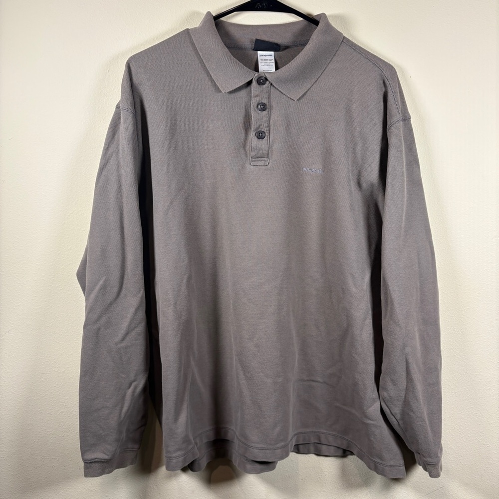 2000s Patagonia Organic Cotton Taupe Grey Long sleeve Pique Knit Polo Shirt